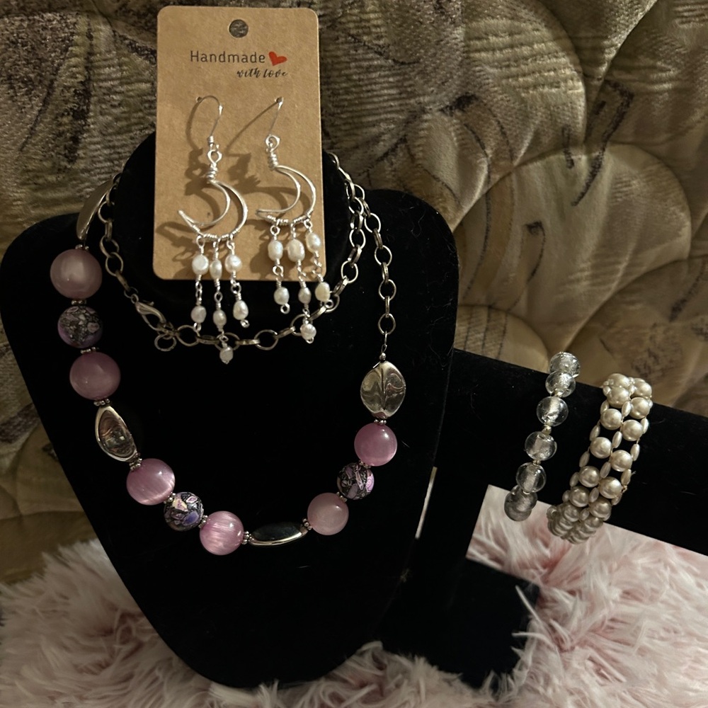 Handmade Moon & Pearl Earrings + Necklace & Bracelets Set